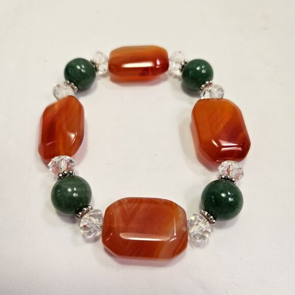 Carnelian Gemstones With Irish Connemara Marble & Crystal Beads Stretch Bracelet - Picture 1 of 9